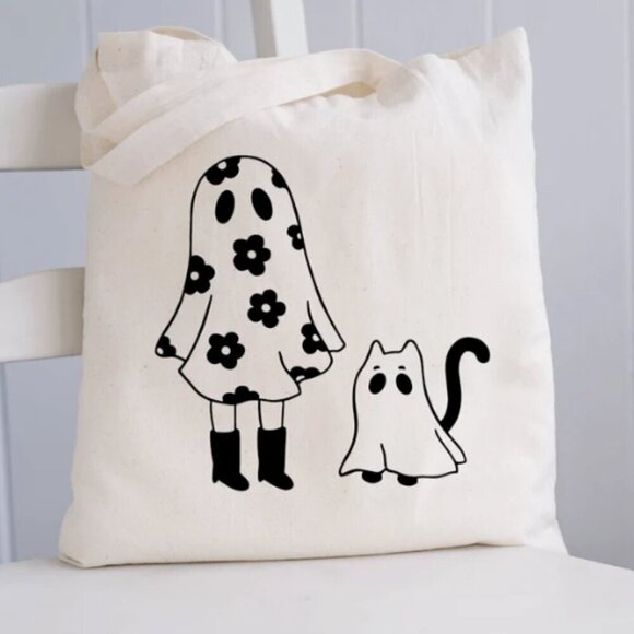 Halloween Floral Ghost & Cat NEW tote bag - Picture 1 of 1